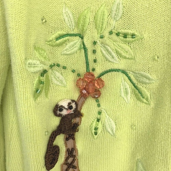 Vintage Berek 2 Tropical Palm Tree Monkey Sz M Novelty Sweater Twinset Beaded - Picture 4 of 11